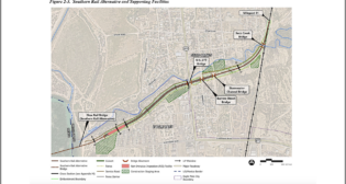 The Surface Transportation Board’s Office of Environmental Analysis has identified the Southern Rail Alternative, one of two studied, as the Preferred Alternative for Green Eagle Railroad’s proposed 1.335-mile rail line in Maverick County, Tex. (Map Courtesy of STB OEA)